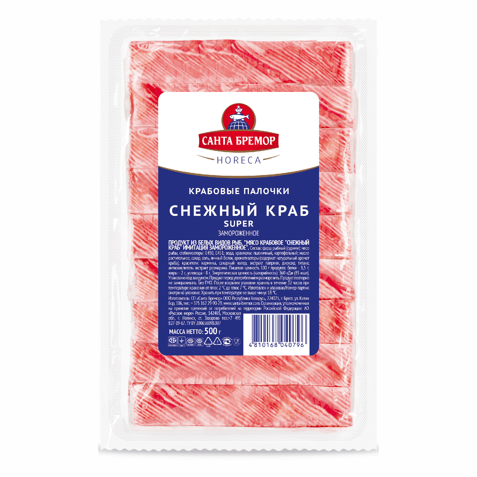 Крабовые палочки Снежный краб, 0,5 Санта Бремор(12 шт./6 кг/кор)