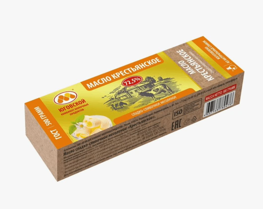 Масло сливочное "Крестьянское 72,5 %, 500 гр (10шт/кор)